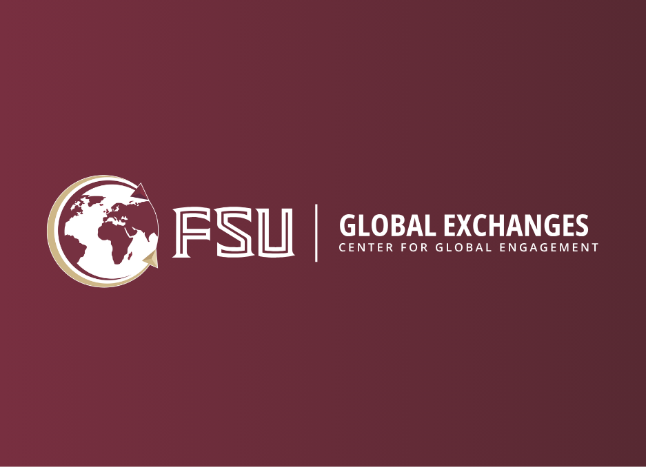 FSU Global Exchanges garnet graphic with white text